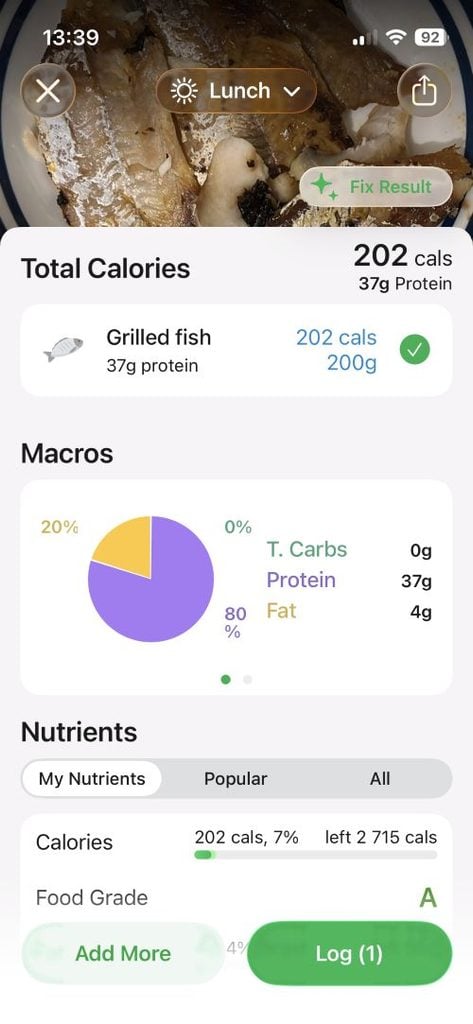 Mobile nutrition app screen showing lunch entry:'Grilled fish' worth 202 calories (37 g protein); pie chart for macros and nutrients with a green 'Log' button.