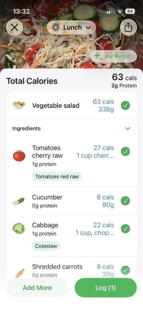 Screen of a meal tracker showing a Lunch vegetable salad entry totaling 63 calories; ingredients listed with check marks: cherry tomatoes, cucumber, cabbage, shredded carrots, plus an Add More and Log button at the bottom.