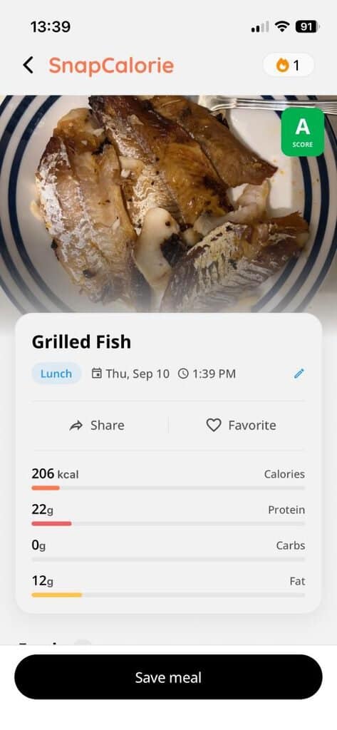 SnapCalorie screen showing a Grilled Fish meal card with Lunch tag, date/time, and nutrition: 206 kcal, 22g protein, 0g carbs, 12g fat, Save meal button