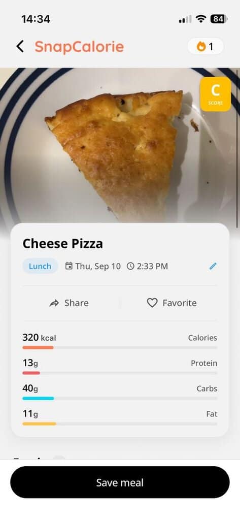 Cheese pizza slice on a plate with a floating meal card showing Lunch, Thu Sep 10 at 2:33 PM, 320 kcal, 13 g protein, 40 g carbs, 11 g fat, and a Save meal button at the bottom.