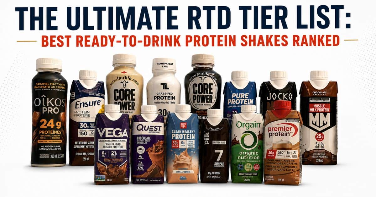 Best Ready-To-Drink Protein Shakes Ranked - FeastGood.com Row of assorted ready-to-drink protein shakes lined up under a banner that reads 'THE ULTIMATE RTD TIER LIST: BEST READY-TO-DRINK PROTEIN SHAKES RANKED'