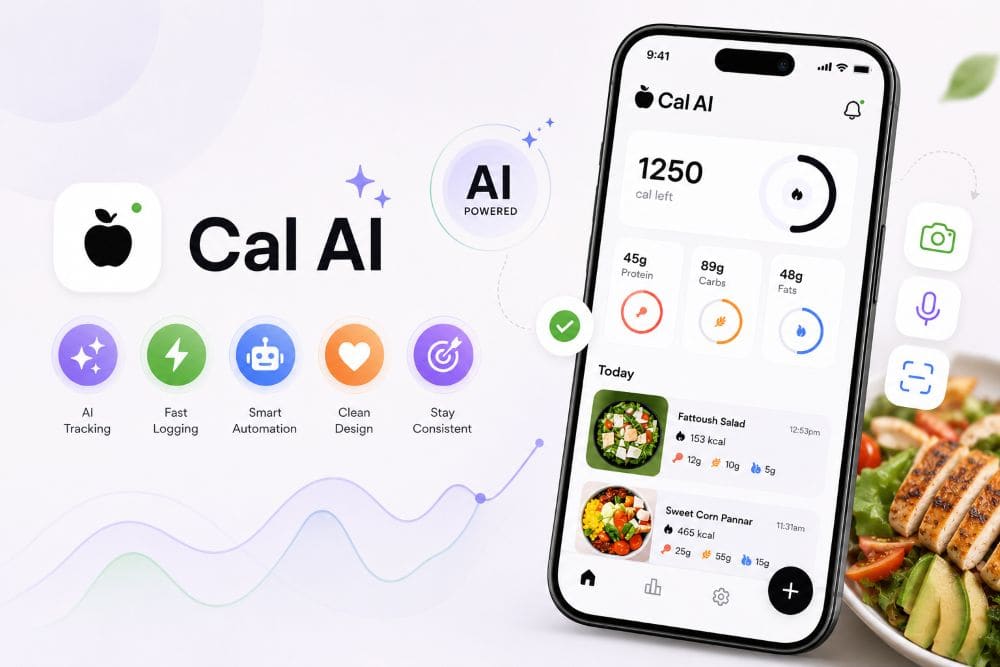 Promotional shot of the Cal AI app on a smartphone with feature icons (AI Tracking, Fast Logging, Smart Automation, Clean Design, Stay Consistent) and a healthy meal on the side.