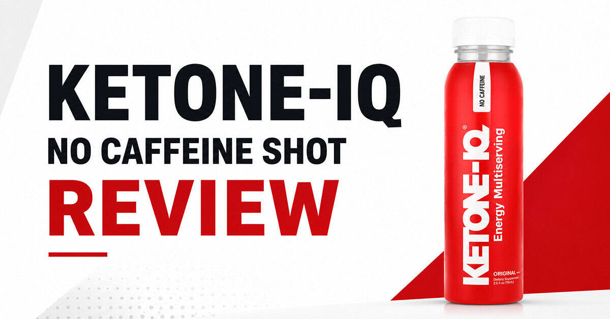 Promotional banner for Ketone-IQ No Caffeine Shot with a red bottle on the right and bold 'REVIEW' text across the left side.