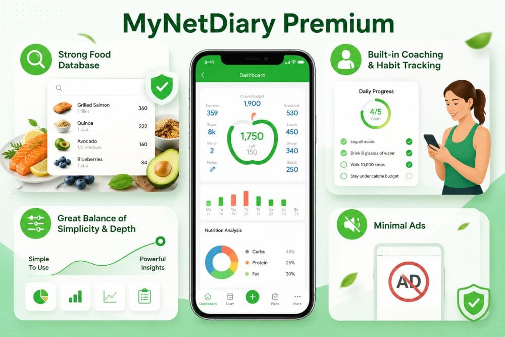 MyNetDiary Premium app shown on a phone with surrounding panels: food database, coaching, habit tracking, and minimal ads promo; green theme.