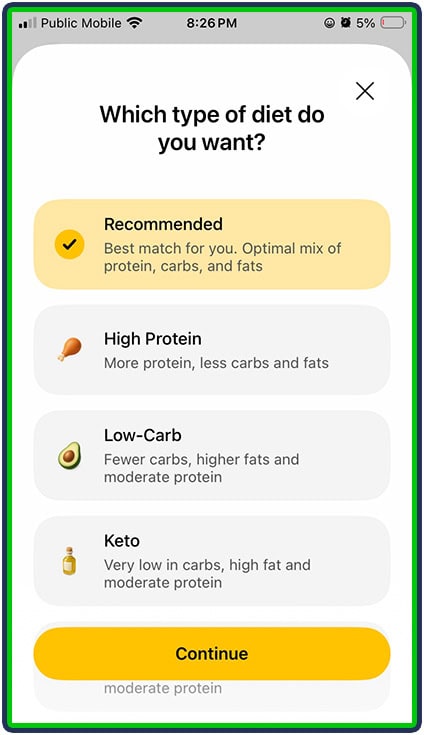 Modal:'Which type of diet do you want?' with four options: Recommended (selected), High Protein, Low-Carb, Keto, and a yellow Continue button.