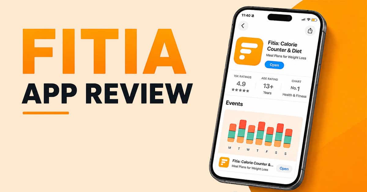 Beige banner with bold orange 'FITA' and black 'APP REVIEW' text beside a tilted iPhone showing the FITIA app page in the App Store.