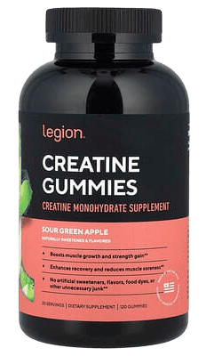 Legion Creatine Gummies bottle—creatine monohydrate dietary supplement, sour green apple flavor, black bottle with pink label.