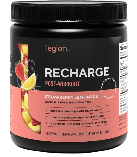 Container of Legion Recharge post-workout strawberry lemonade dietary supplement.