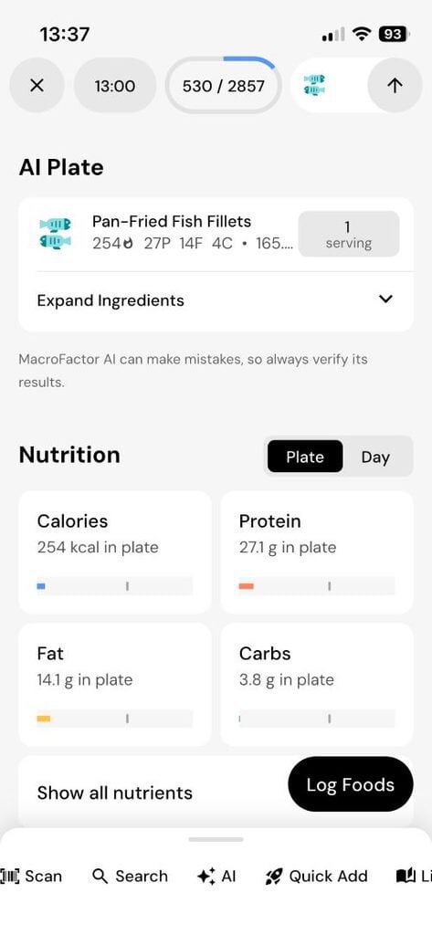 AI Plate app screen showing Pan-Fried Fish Fillets dish with serving count and nutrition cards nearby, in a light UI.