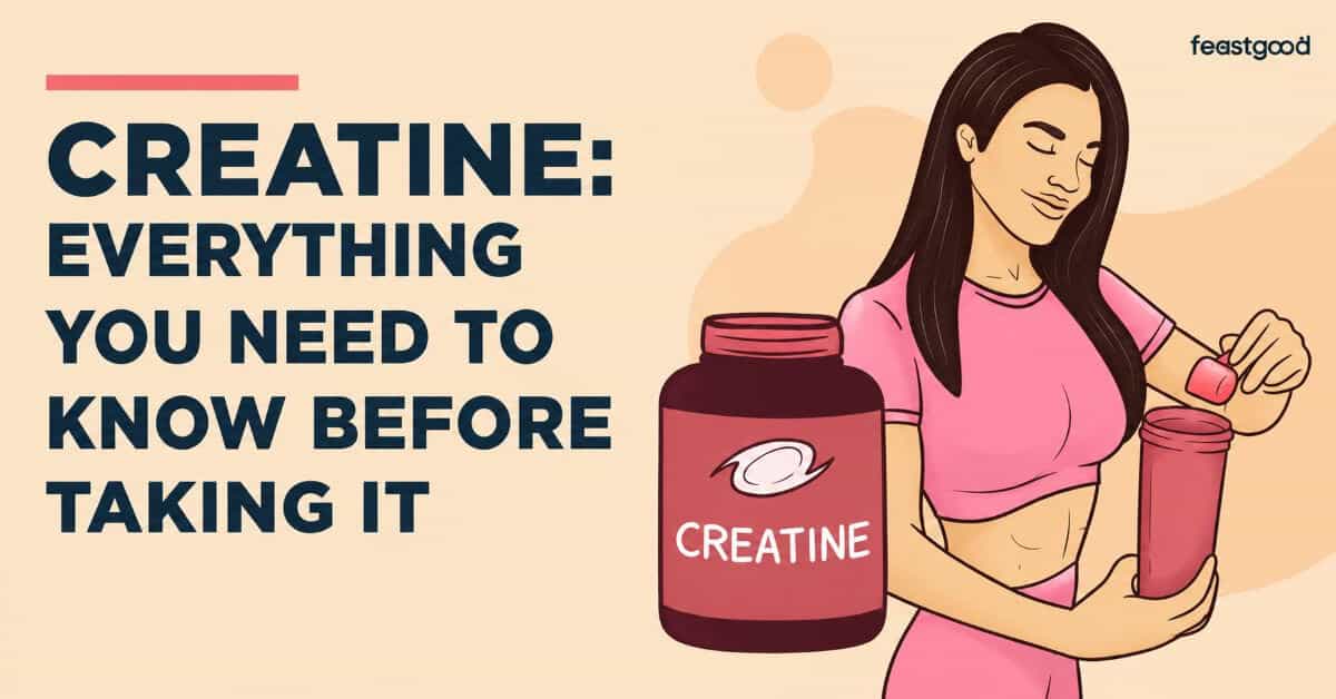Illustration of a woman in a pink outfit scooping powder into a shaker beside a large creatine jar, with bold title text about creatine.